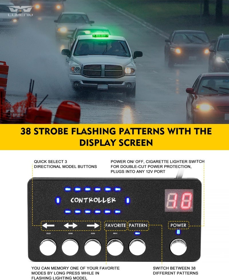 LUMENIX Green LED Rooftop Strobe Beacon Lights Magnetic Mount Emergency Flashing Safety Warning Caution Traffic Light Bar, for Law Enforcement POV Vehicles Towing Trucks Snowplow - Patented Design - Image 4